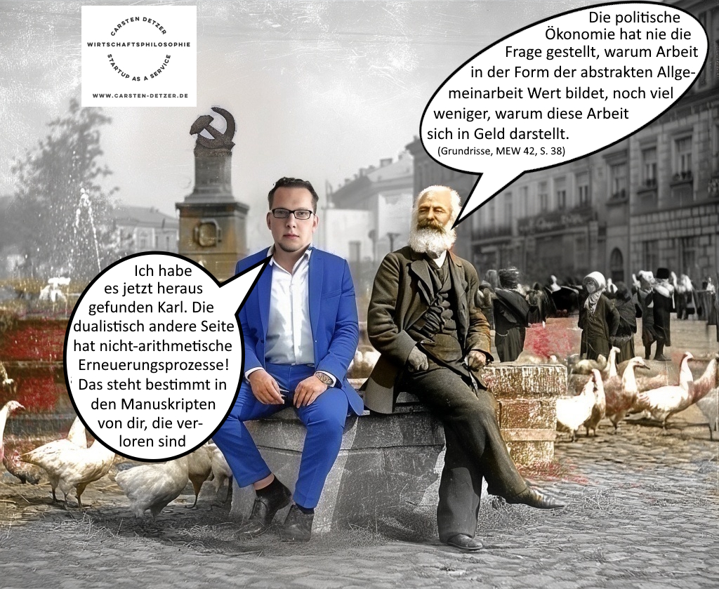 Karl Marx und Carsten Detzer, Sozialismus vs. Marktwirtschaft, Meme, Comic, Sprechblasen, Unterhaltung, Marktplatz, Bayreuth, Frage und Antwort, nicht-arithmetischer Erneuerungsprozess, dualistische Wirtschaft